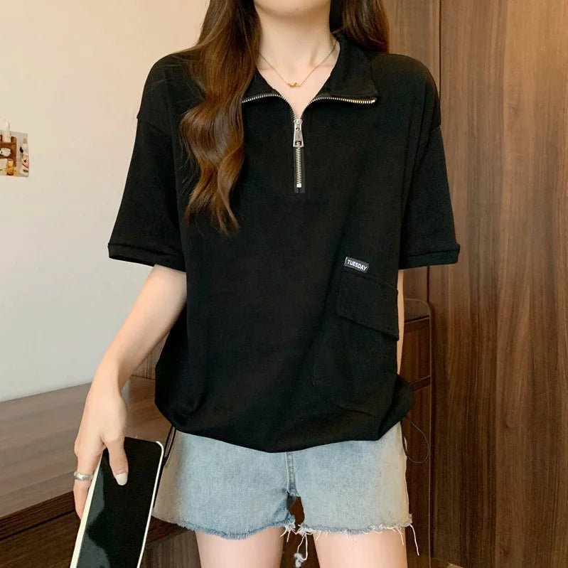 Polo collar zipper short sleeve T-shirt women's summer new design 2XL 3XL 4XL plus size slim - fit Drop - shoulder T-shirt - Zeprah