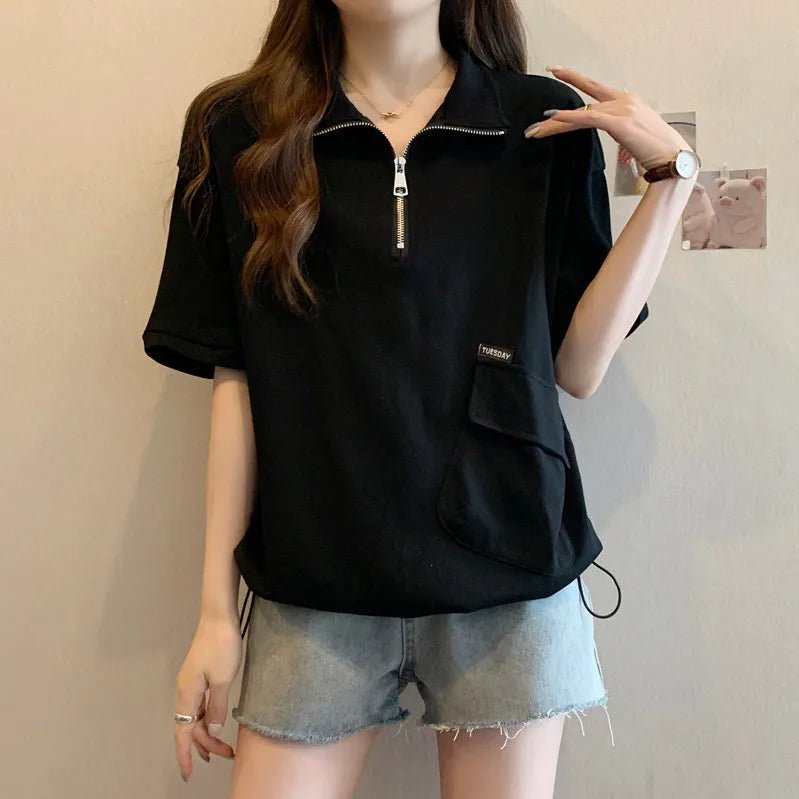 Polo collar zipper short sleeve T-shirt women's summer new design 2XL 3XL 4XL plus size slim - fit Drop - shoulder T-shirt - Zeprah