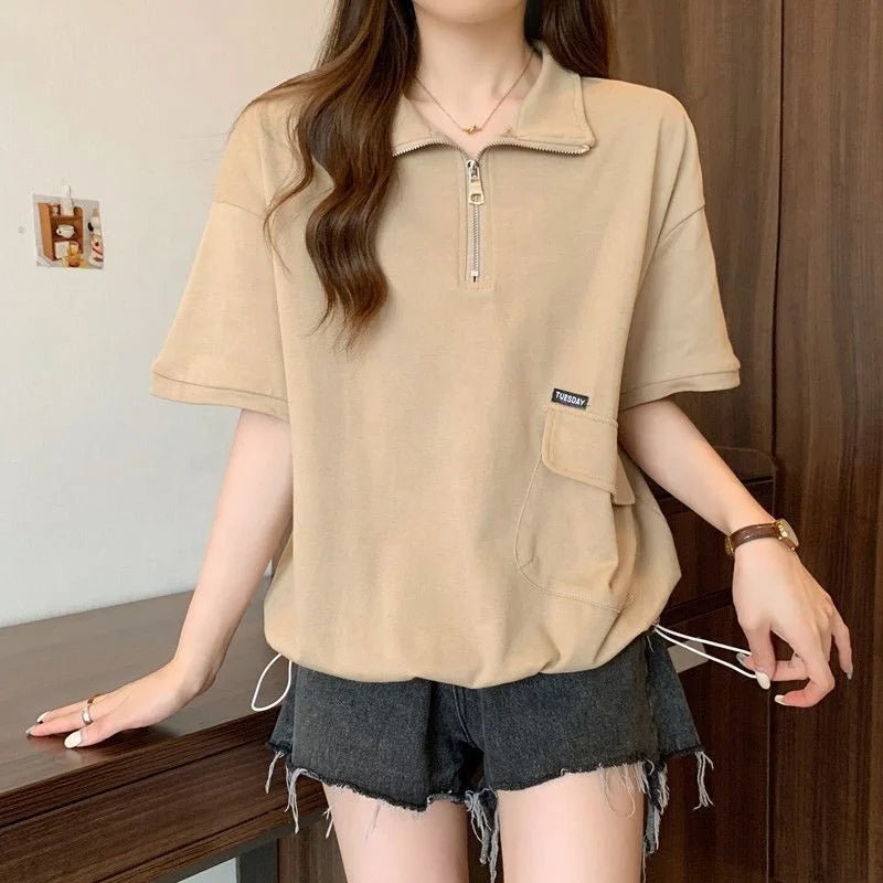Polo collar zipper short sleeve T-shirt women's summer new design 2XL 3XL 4XL plus size slim - fit Drop - shoulder T-shirt - Zeprah