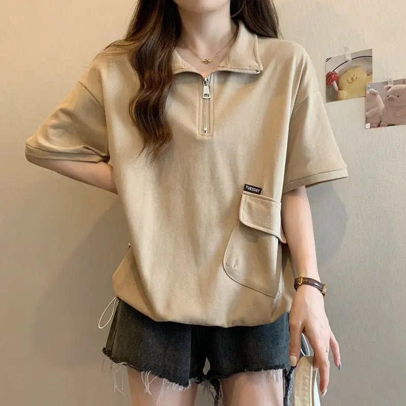 Polo collar zipper short sleeve T-shirt women's summer new design 2XL 3XL 4XL plus size slim - fit Drop - shoulder T-shirt - Zeprah