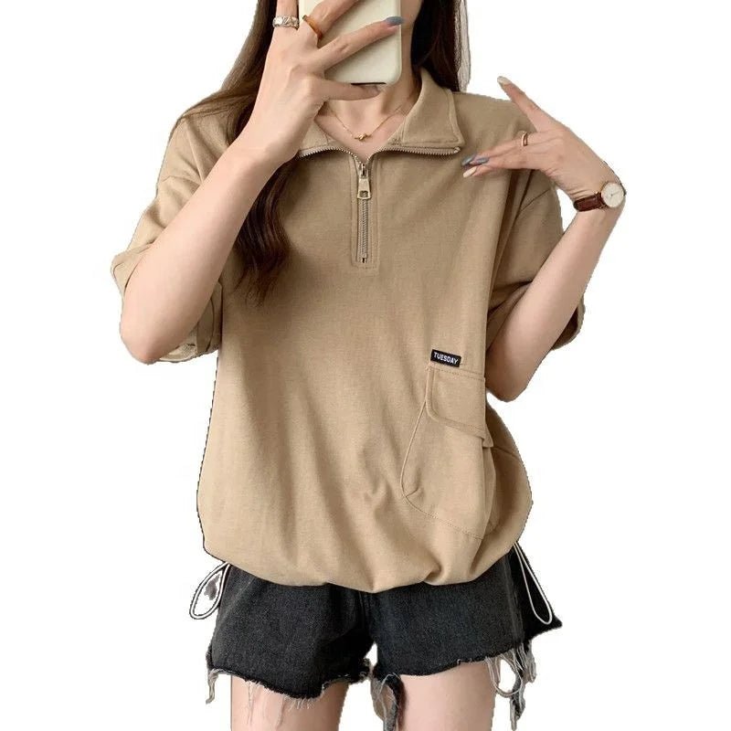 Polo collar zipper short sleeve T-shirt women's summer new design 2XL 3XL 4XL plus size slim - fit Drop - shoulder T-shirt - Zeprah
