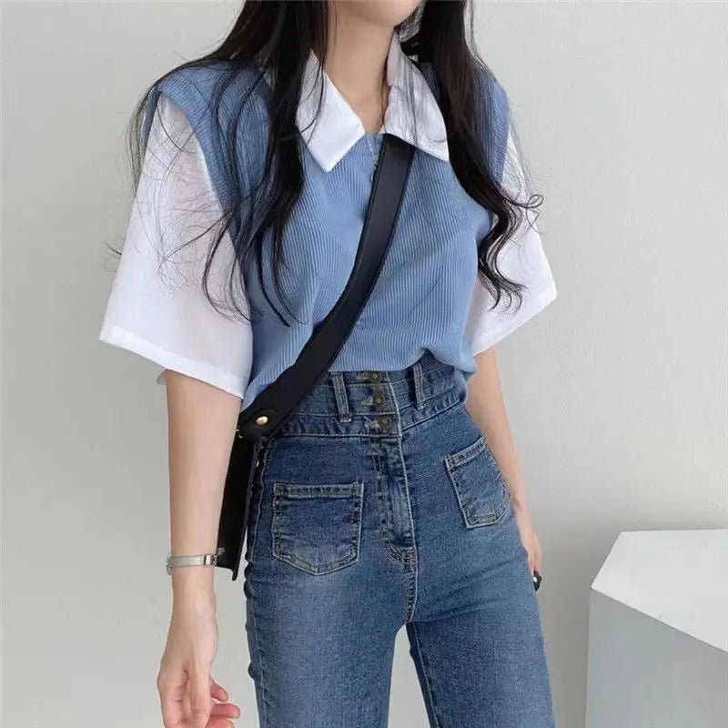 Polo Lapel Graphic Tee Loose - fit Tops for Women Color Contrast Short - sleeved Blouse - Zeprah