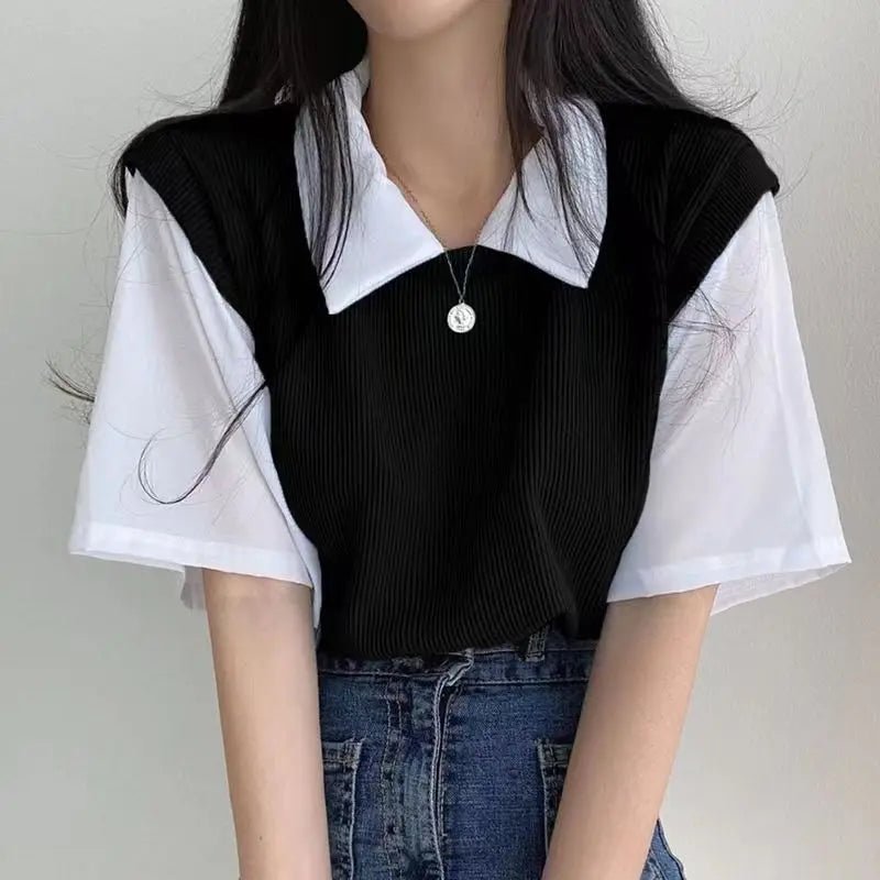 Polo Lapel Graphic Tee Loose - fit Tops for Women Color Contrast Short - sleeved Blouse - Zeprah