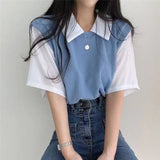 Polo Lapel Graphic Tee Loose - fit Tops for Women Color Contrast Short - sleeved Blouse - Zeprah