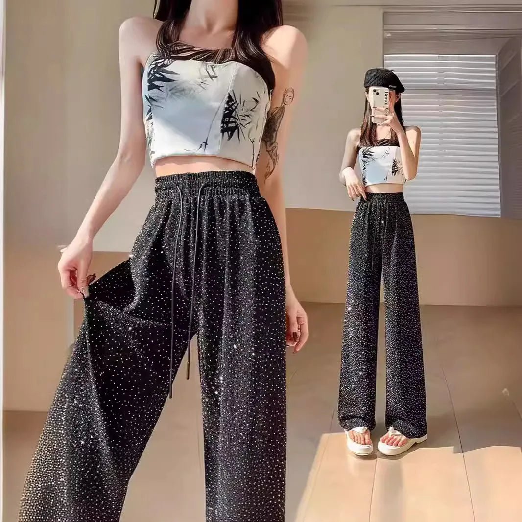 Popular Bottoms Casual Comfortable Heat Transfer Rhinestones Trousers Lightweight Wide - Leg Trousers - Zeprah