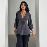 Premium Custom Logo Women's T-Shirt - Sexy Solid Color V - Neck Flare Sleeve Corset Top - Loose Fit Long Sleeve Blouse OEM (All Seasons) - Zeprah