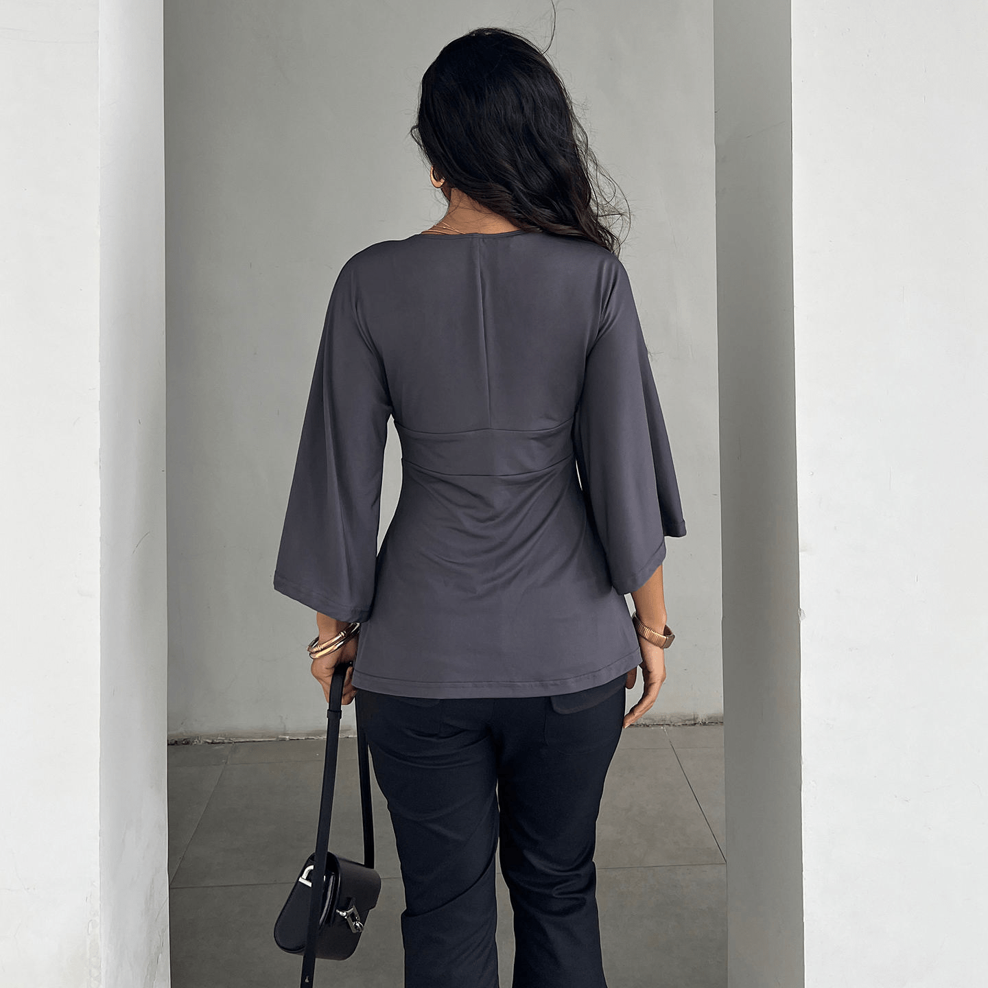 Premium Custom Logo Women's T-Shirt - Sexy Solid Color V - Neck Flare Sleeve Corset Top - Loose Fit Long Sleeve Blouse OEM (All Seasons) - Zeprah