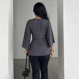 Premium Custom Logo Women's T-Shirt - Sexy Solid Color V - Neck Flare Sleeve Corset Top - Loose Fit Long Sleeve Blouse OEM (All Seasons) - Zeprah