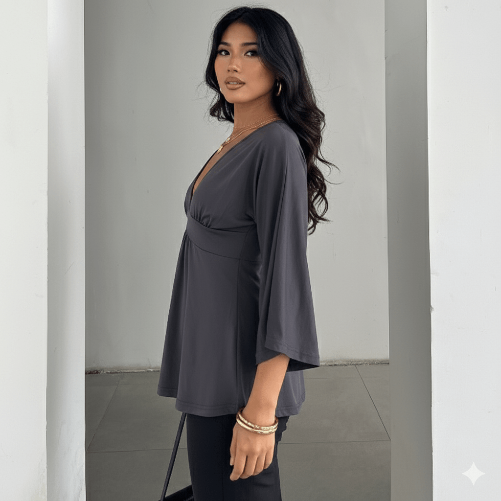 Premium Custom Logo Women's T-Shirt - Sexy Solid Color V - Neck Flare Sleeve Corset Top - Loose Fit Long Sleeve Blouse OEM (All Seasons) - Zeprah