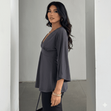 Premium Custom Logo Women's T-Shirt - Sexy Solid Color V - Neck Flare Sleeve Corset Top - Loose Fit Long Sleeve Blouse OEM (All Seasons) - Zeprah