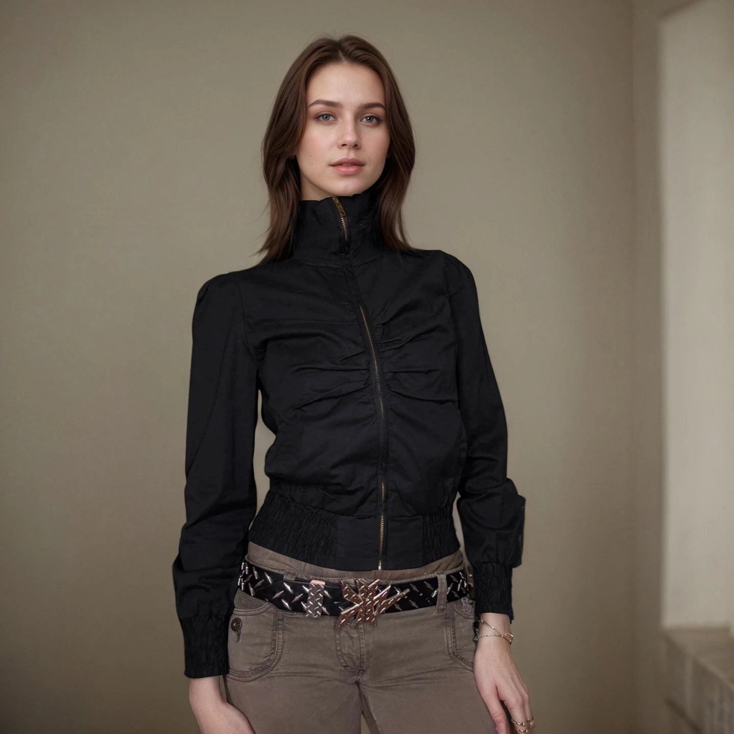 Premium Women's Stand Collar Oversized Pleated Jacket, Black Zip Pocket Warm Thermal Coat High Quality Outerwear - Zeprah