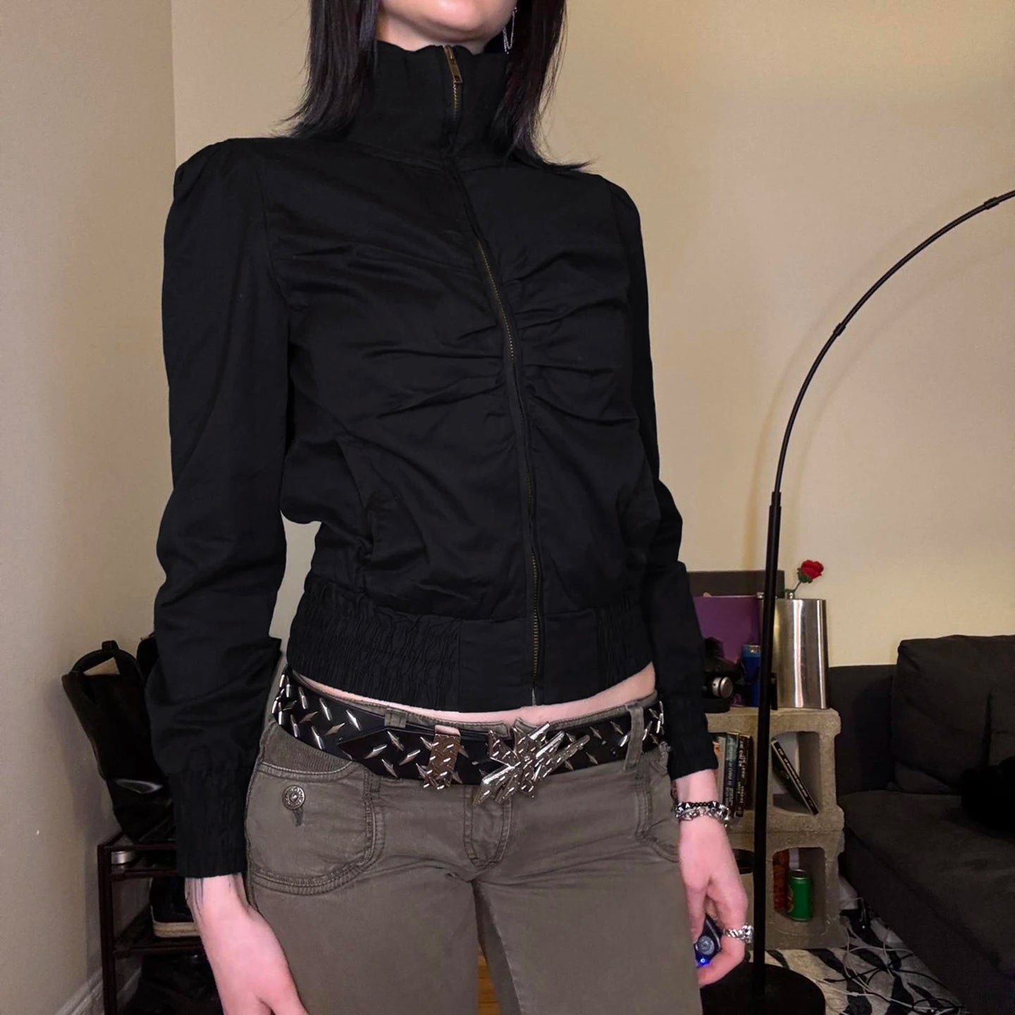 Premium Women's Stand Collar Oversized Pleated Jacket, Black Zip Pocket Warm Thermal Coat High Quality Outerwear - Zeprah