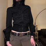 Premium Women's Stand Collar Oversized Pleated Jacket, Black Zip Pocket Warm Thermal Coat High Quality Outerwear - Zeprah