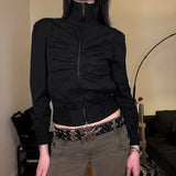 Premium Women's Stand Collar Oversized Pleated Jacket, Black Zip Pocket Warm Thermal Coat High Quality Outerwear - Zeprah