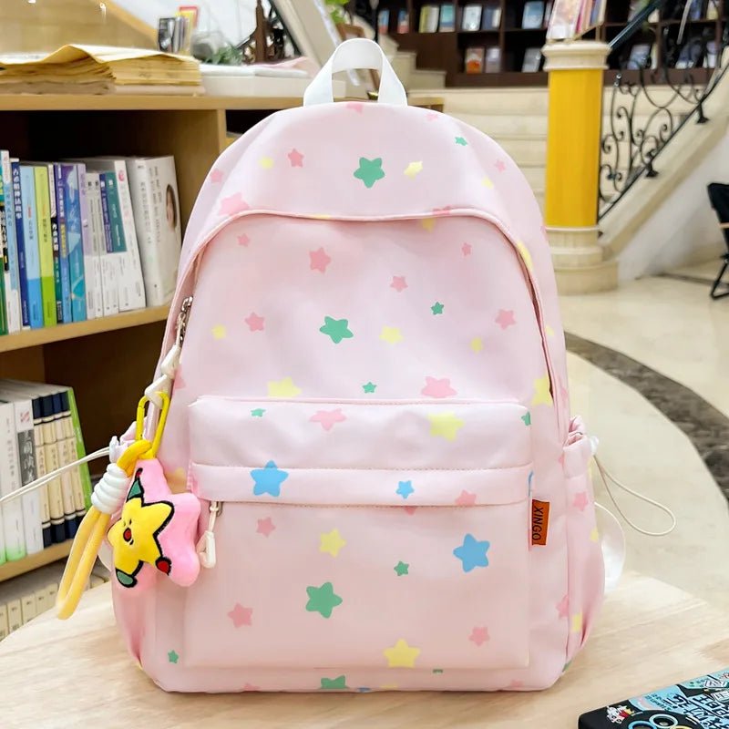 Preppy Style Oxford Backpack Unisex Middle School Ins Style Girly Heart Star Design Large Capacity Simple Versatile Students Bag - Zeprah