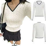 Preppy Style Women's Sweater Solid Color V - Neck Cable Knit Long Sleeve Casual Fashion Pullover - Zeprah