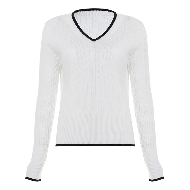 Preppy Style Women's Sweater Solid Color V - Neck Cable Knit Long Sleeve Casual Fashion Pullover - Zeprah