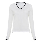 Preppy Style Women's Sweater Solid Color V - Neck Cable Knit Long Sleeve Casual Fashion Pullover - Zeprah