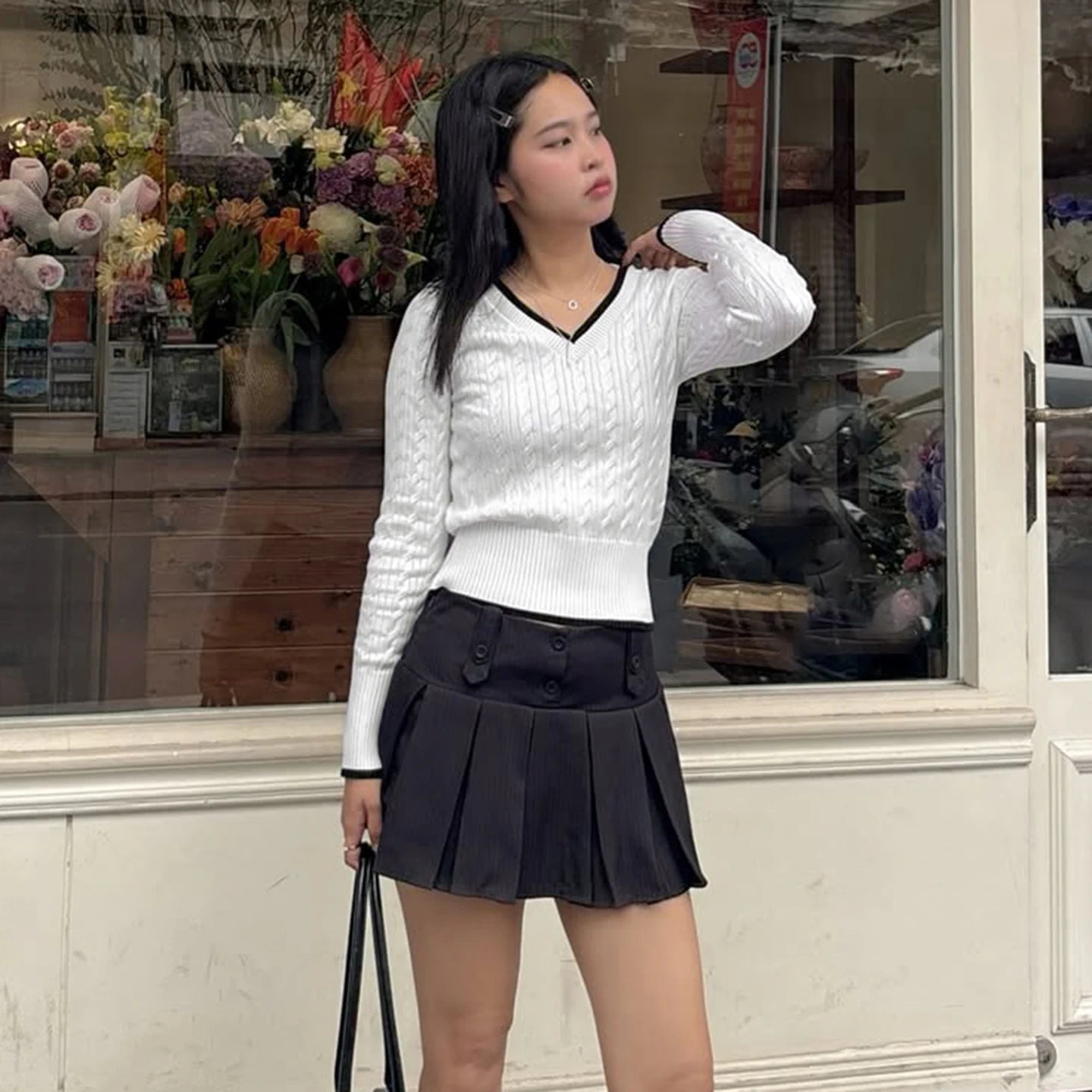 Preppy Style Women's Sweater Solid Color V - Neck Cable Knit Long Sleeve Casual Fashion Pullover - Zeprah