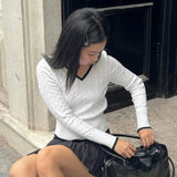 Preppy Style Women's Sweater Solid Color V - Neck Cable Knit Long Sleeve Casual Fashion Pullover - Zeprah