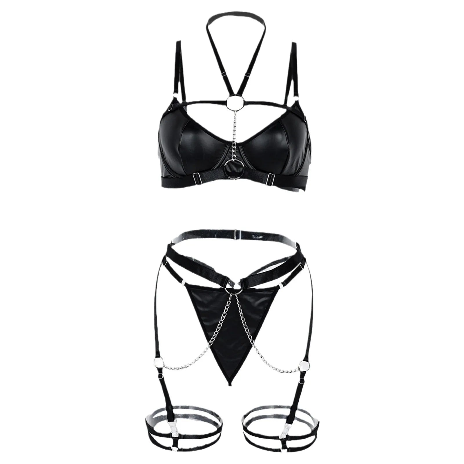 Pu Soft Leather Chain Neck Waist Sexy Lingerie Set Sexy Costumes Womens Sexy Underwear - Zeprah