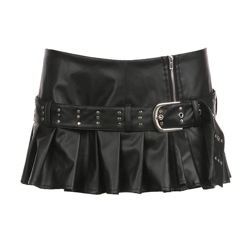 Punk Dropped Waist Pleated A - Line Faux Fur Skirt with Button Belt and High Slit Plain Dyed Summer Eco - Friendly Street Fashion - Zeprah