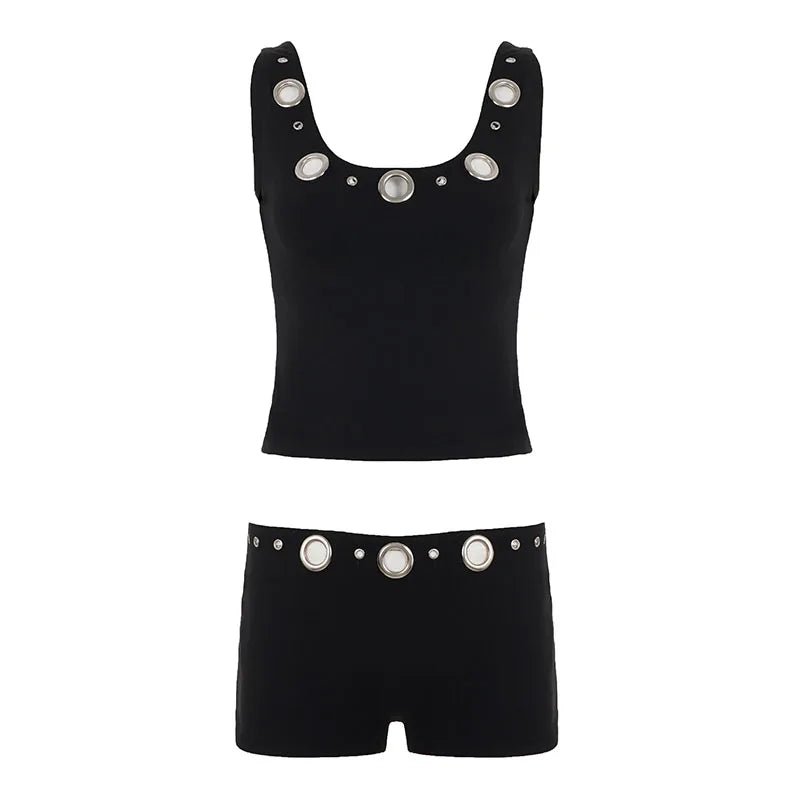Punk Street Fashion Solid 2 Piece Set Women Knit Stretch Breathable Outfit Sleeveless Top Shorts Button Casual - Zeprah