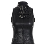 Punk Style Short Black Tank Top Button Metal Buckles Breathable Eco - Friendly Patchwork Ruffled Collar Dancewear Shaping Layer - Zeprah