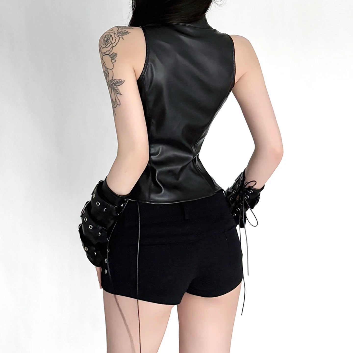Punk Style Short Black Tank Top Button Metal Buckles Breathable Eco - Friendly Patchwork Ruffled Collar Dancewear Shaping Layer - Zeprah