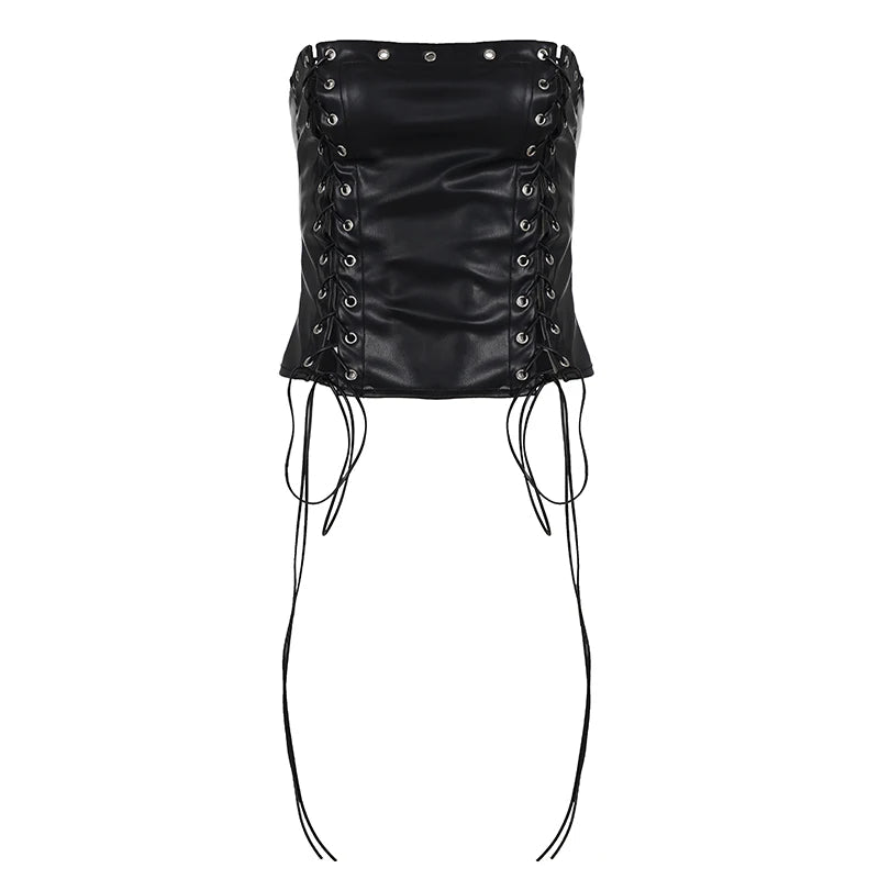 Punk Style Solid Color Woven Leather Grommet Lacing Hollow Eco - Friendly Anti - Pilling Collarless Short Tank Tops Slim Fit - Zeprah