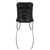 Punk Style Solid Color Woven Leather Grommet Lacing Hollow Eco - Friendly Anti - Pilling Collarless Short Tank Tops Slim Fit - Zeprah