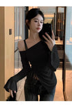 Pure Desire Irregular Fashion Hot Girl Tight Top Women's Spring and Autumn Lotus Leaf Sleeve Waist Shoulder Base Shirt - Zeprah