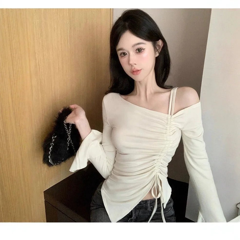 Pure Desire Irregular Fashion Hot Girl Tight Top Women's Spring and Autumn Lotus Leaf Sleeve Waist Shoulder Base Shirt - Zeprah