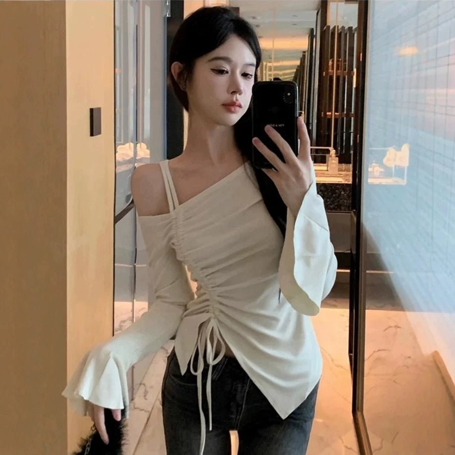 Pure Desire Irregular Fashion Hot Girl Tight Top Women's Spring and Autumn Lotus Leaf Sleeve Waist Shoulder Base Shirt - Zeprah