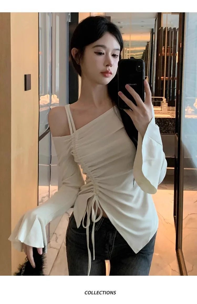 Pure Desire Irregular Fashion Hot Girl Tight Top Women's Spring and Autumn Lotus Leaf Sleeve Waist Shoulder Base Shirt - Zeprah