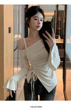 Pure Desire Irregular Fashion Hot Girl Tight Top Women's Spring and Autumn Lotus Leaf Sleeve Waist Shoulder Base Shirt - Zeprah