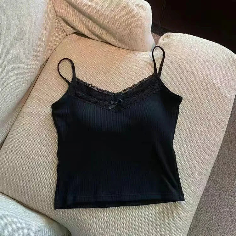 Pure Desire Lace Gray Camisole Women's Built - in Bra Wearing Outer Wearing Short Slim - fit Design Top - Zeprah