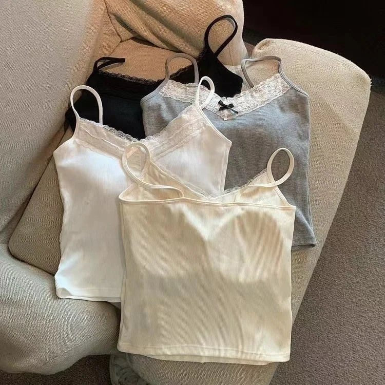 Pure Desire Lace Gray Camisole Women's Built - in Bra Wearing Outer Wearing Short Slim - fit Design Top - Zeprah