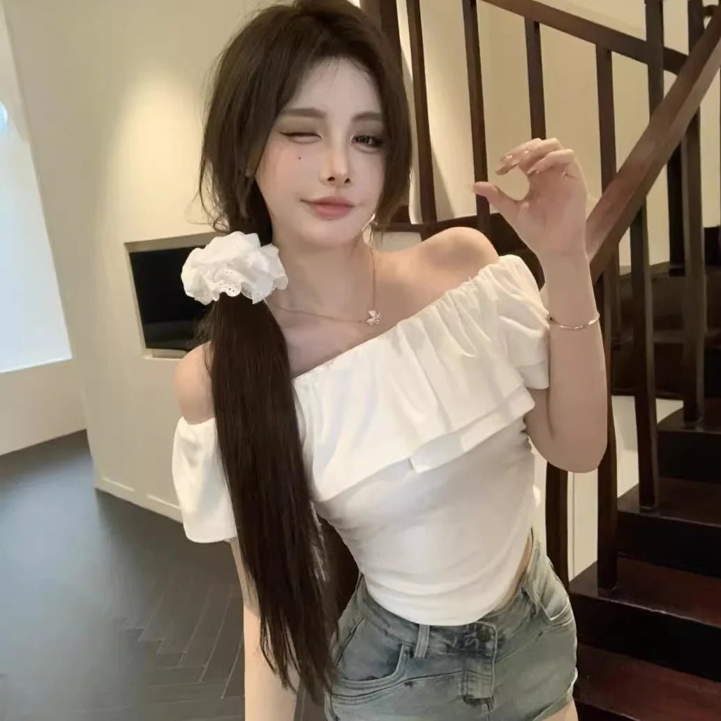 Pure Off - shoulder Collar Sexy Spice Girls Women's Short - sleeved T-shirt New Summer Korean - style Slimming Women's Trendy Top - Zeprah