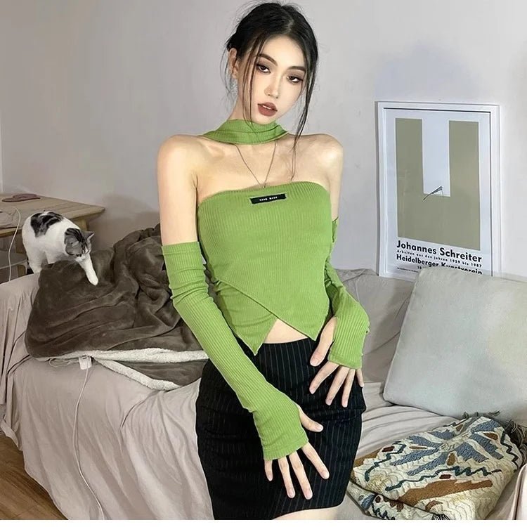 Pure Retro Spice Girl Tight - fitting Neck - hanging Shoulder - exposed T-shirt Women's Short Slimming Irregular Sleeve Irregular Top - Zeprah