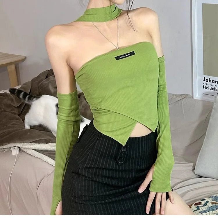 Pure Retro Spice Girl Tight - fitting Neck - hanging Shoulder - exposed T-shirt Women's Short Slimming Irregular Sleeve Irregular Top - Zeprah