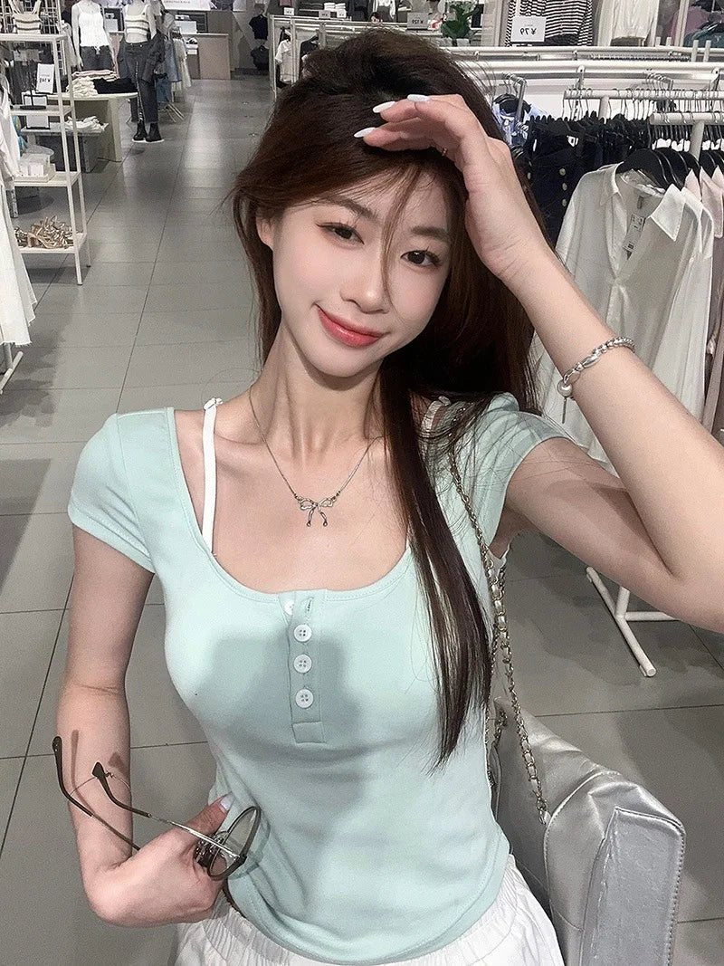 Pure Spice Girl Faux Two - piece Contrast Color Floral Short - sleeved T-shirt Summer Slim - fit Comfortable Top with Chest Pad - Zeprah