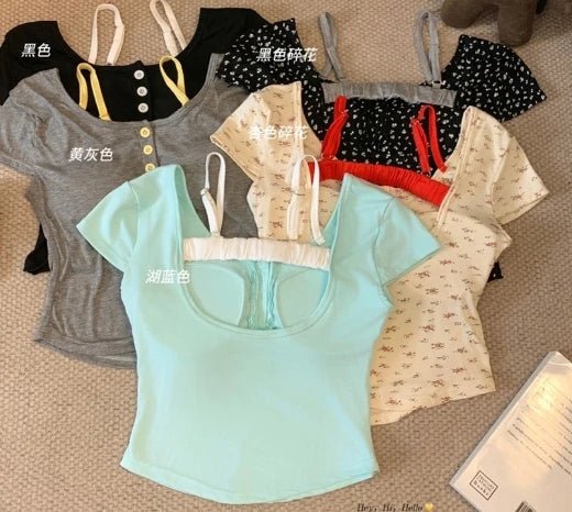 Pure Spice Girl Faux Two - piece Contrast Color Floral Short - sleeved T-shirt Summer Slim - fit Comfortable Top with Chest Pad - Zeprah