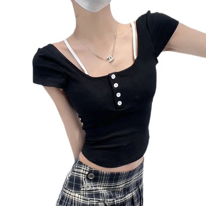 Pure Spice Girl Faux Two - piece Contrast Color Floral Short - sleeved T-shirt Summer Slim - fit Comfortable Top with Chest Pad - Zeprah