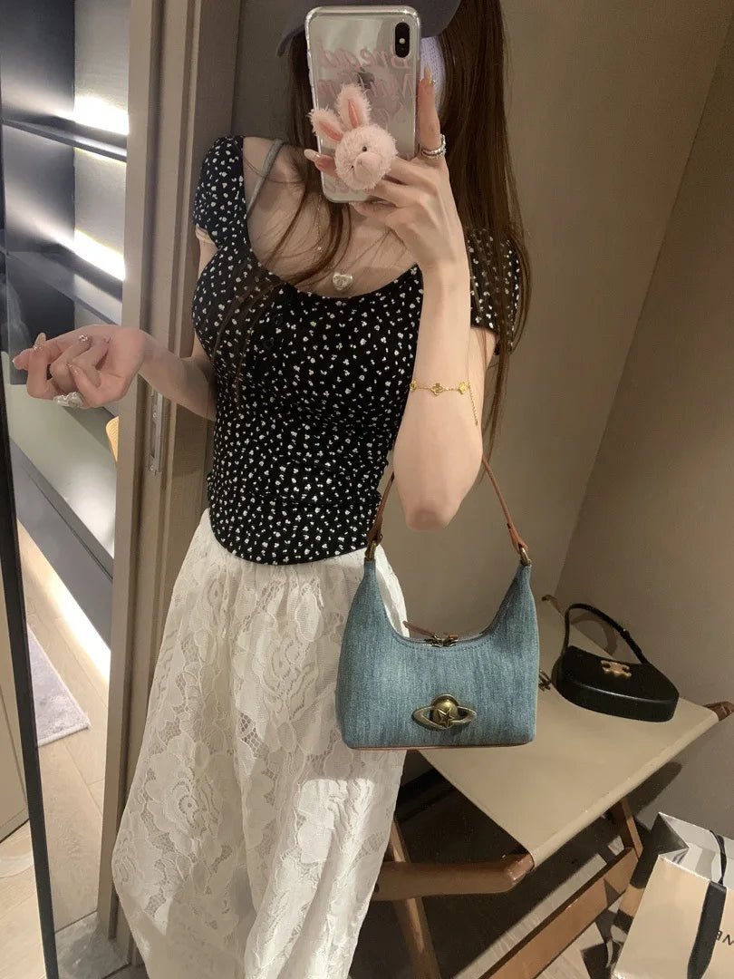 Pure Spice Girl Faux Two - piece Contrast Color Floral Short - sleeved T-shirt Summer Slim - fit Comfortable Top with Chest Pad - Zeprah