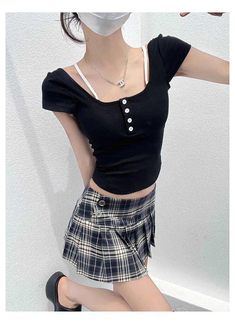 Pure Spice Girl Faux Two - piece Contrast Color Floral Short - sleeved T-shirt Summer Slim - fit Comfortable Top with Chest Pad - Zeprah