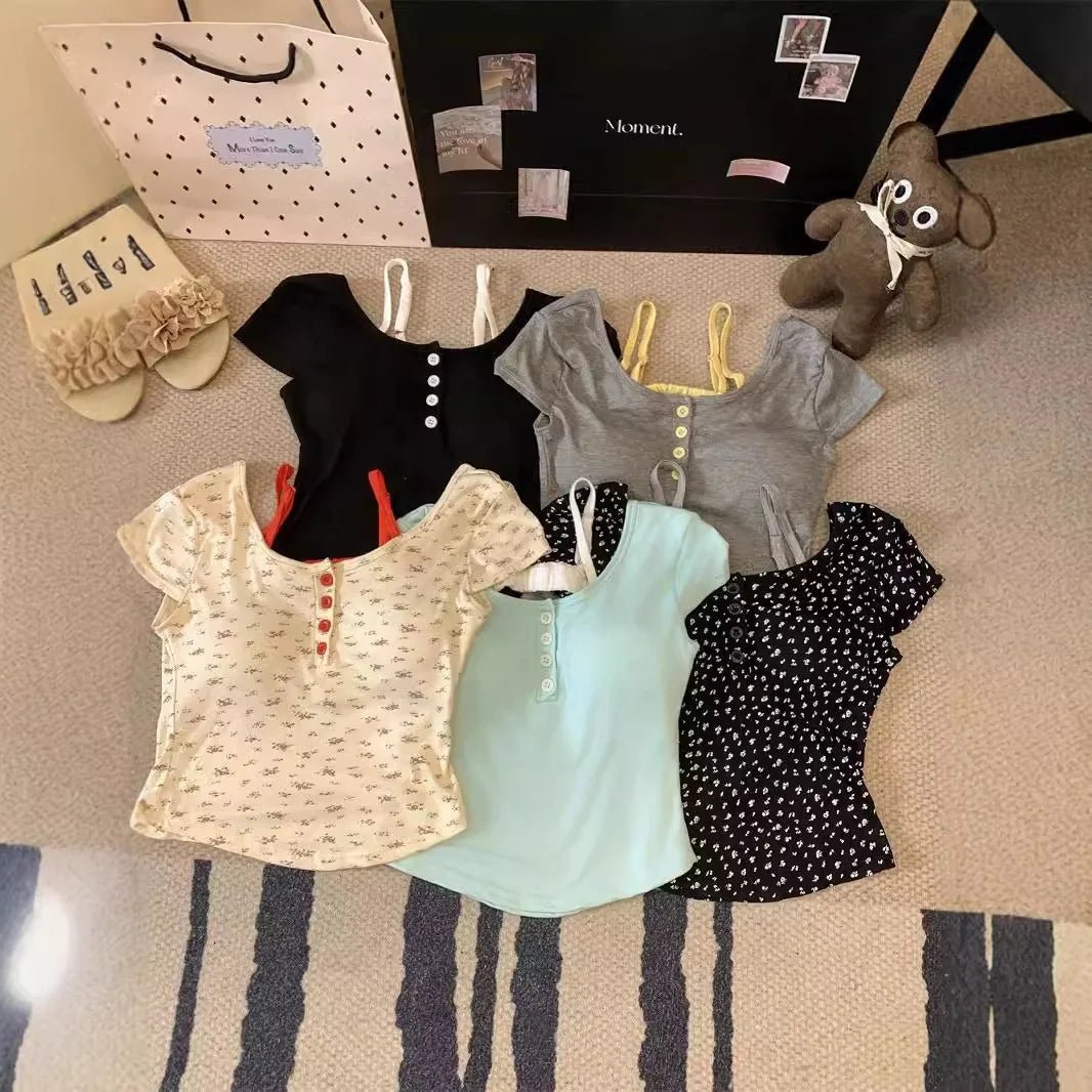 Pure Spice Girl Faux Two - piece Contrast Color Floral Short - sleeved T-shirt Summer Slim - fit Comfortable Top with Chest Pad - Zeprah