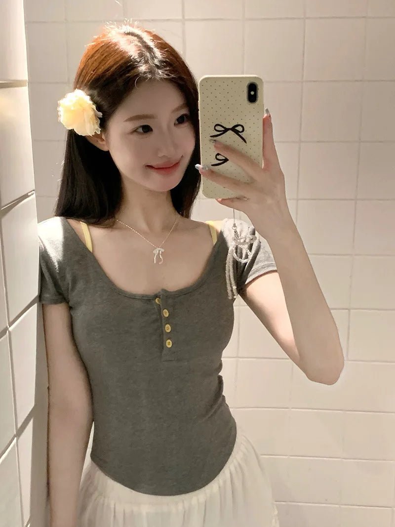 Pure Spice Girl Faux Two - piece Contrast Color Floral Short - sleeved T-shirt Summer Slim - fit Comfortable Top with Chest Pad - Zeprah