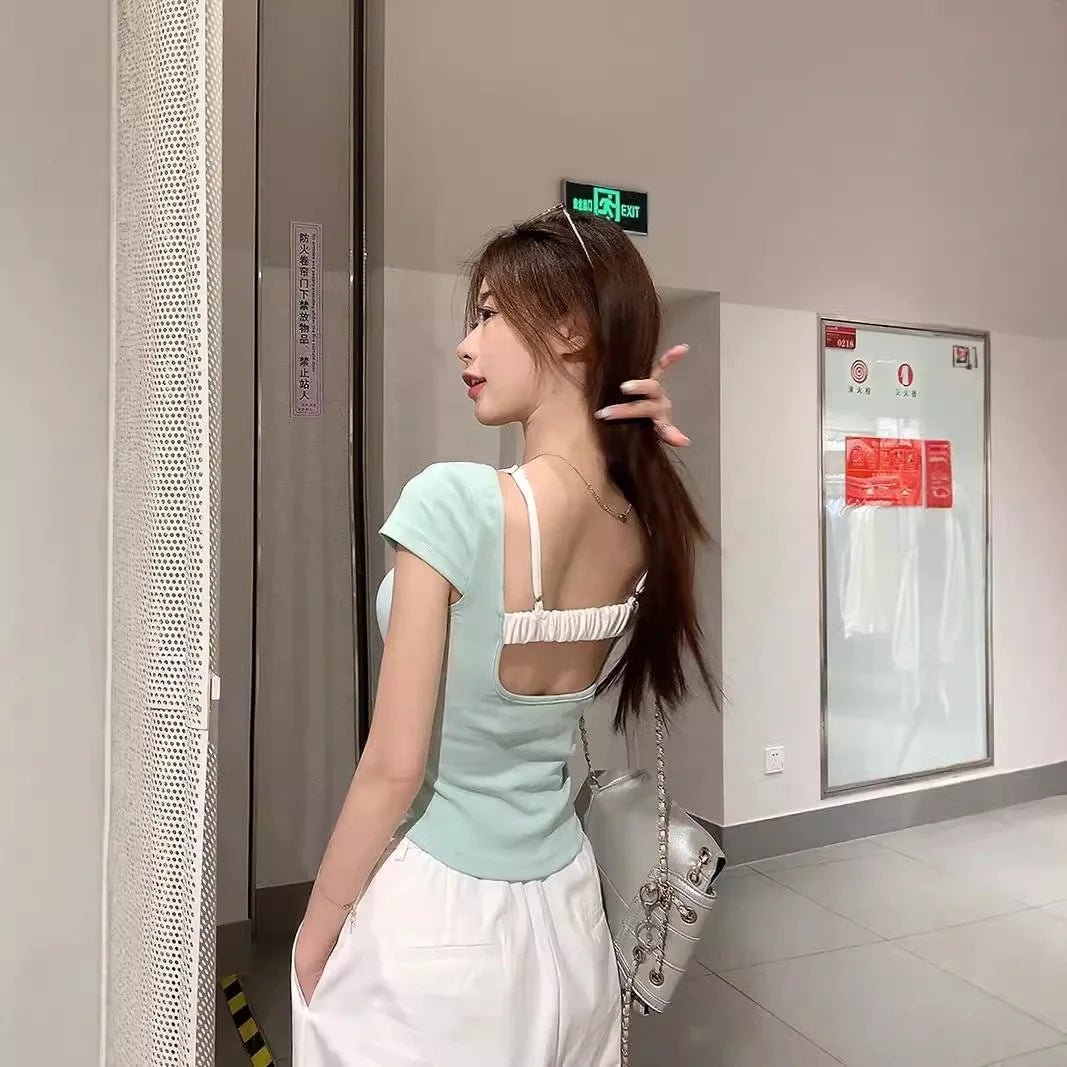 Pure Spice Girl Faux Two - piece Contrast Color Floral Short - sleeved T-shirt Summer Slim - fit Comfortable Top with Chest Pad - Zeprah