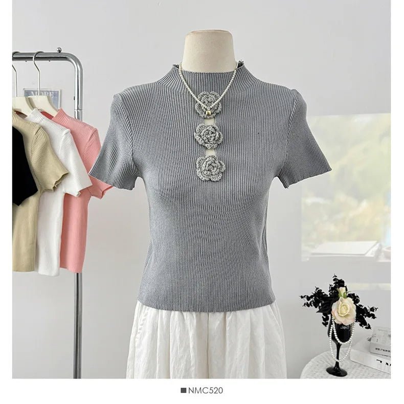 Pure Spice Girl Hollow Stitching Three - dimensional Flower Knitted Short - sleeved Women's T-shirt Summer New Age - reducing Top - Zeprah
